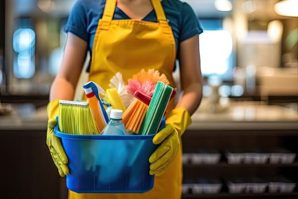 Mujer con productos de limpieza